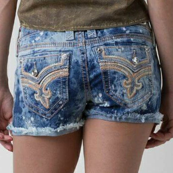 🤘ROCK REVIVAL🎸 KIRA ACID WASH EMBELLISHED EMBROIDERED SHORTS 28 - Picture 9 of 16